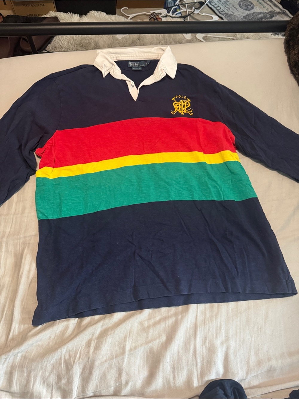 Polo Rugby Shirt with Red, Yellow, Green Stripes #Skribble